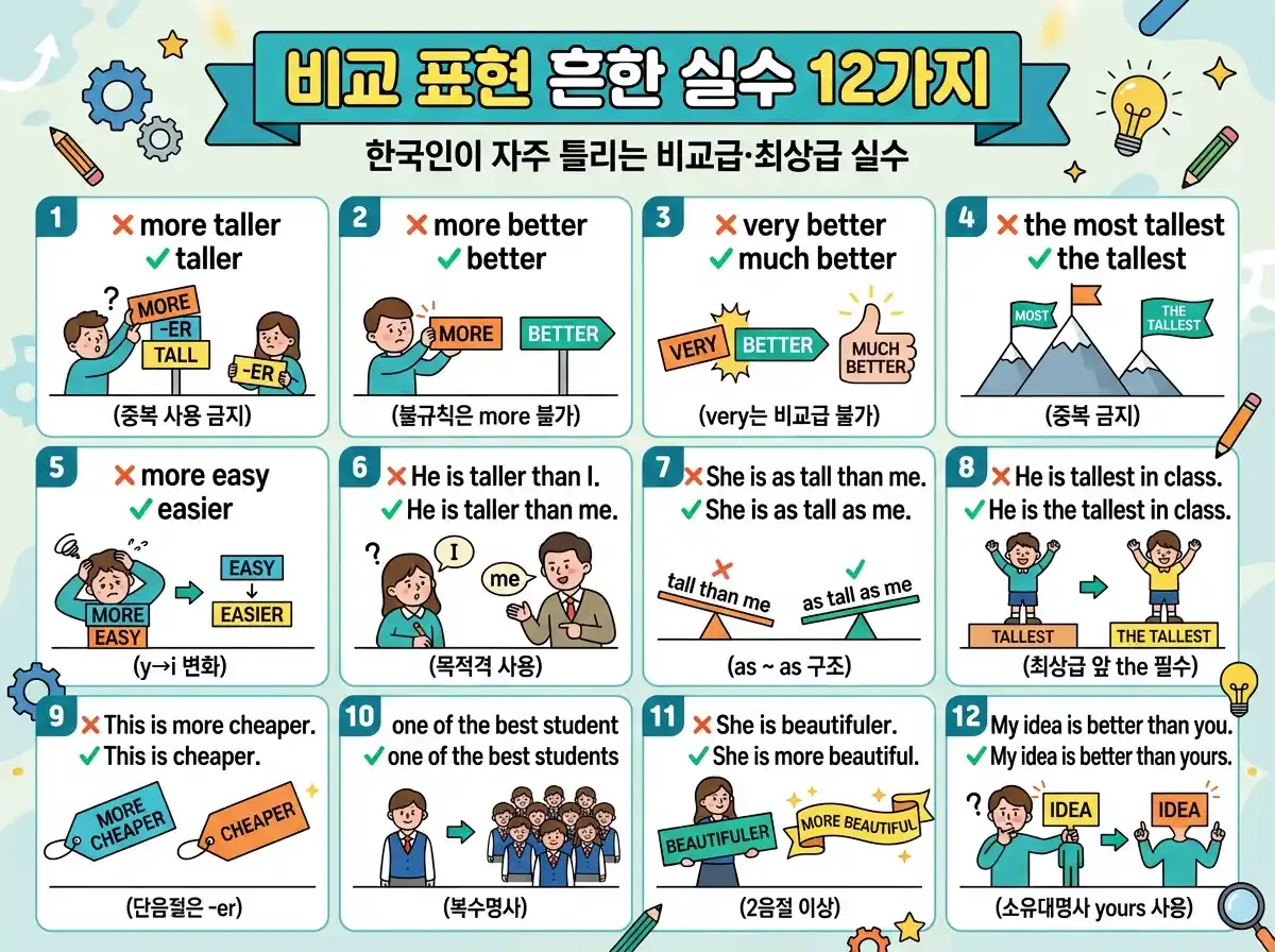비교 표현 흔한 실수 12가지 — 한국인이 자주 틀리는 비교급·최상급 실수 모음