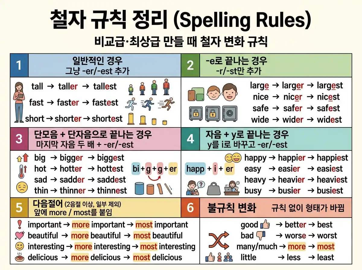 철자 규칙 정리 (Spelling Rules) — 비교급·최상급 만들 때 철자 변화 6가지 규칙