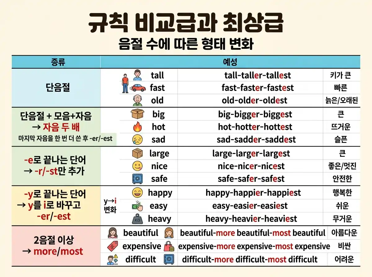 규칙 비교급과 최상급 — 음절 수에 따른 형태 변화: 단음절(-er/-est), -e 끝, 자음+y, 2음절 이상(more/most)