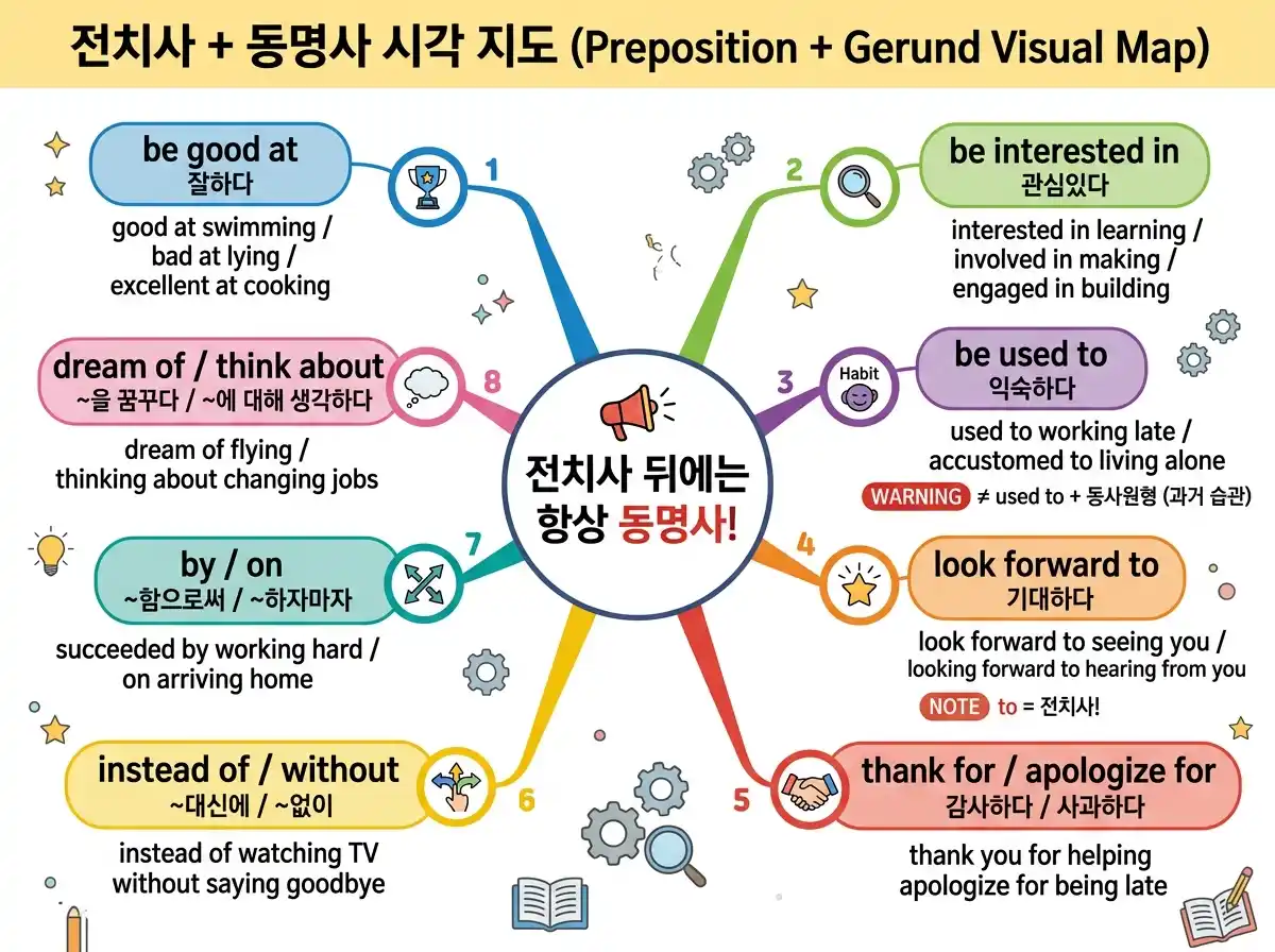 전치사 + 동명사 시각 지도 — be good at/be interested in/be used to/look forward to/thank for/apologize for/by·on/instead of 8가지