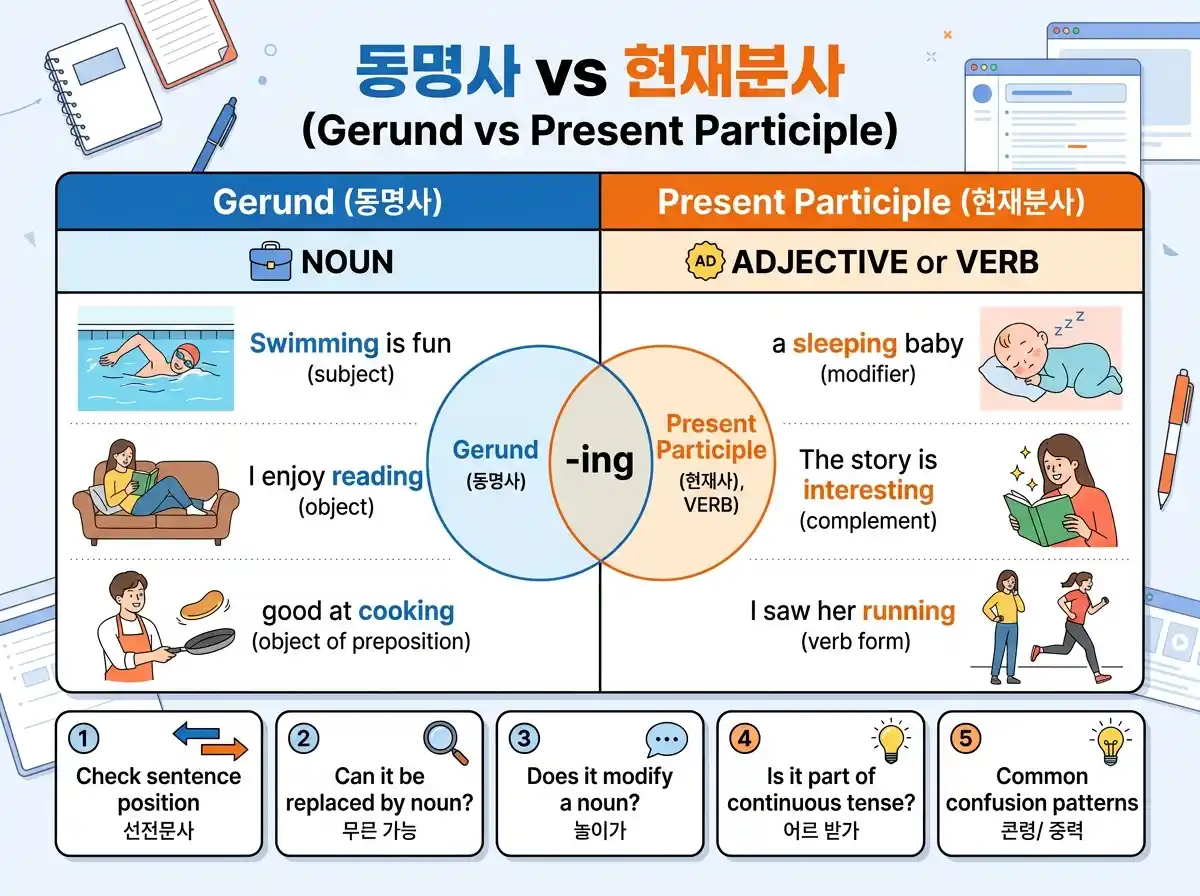 동명사 vs 현재분사 — NOUN 역할(동명사) vs ADJECTIVE/VERB 역할(현재분사) 벤다이어그램 + 5가지 구별법