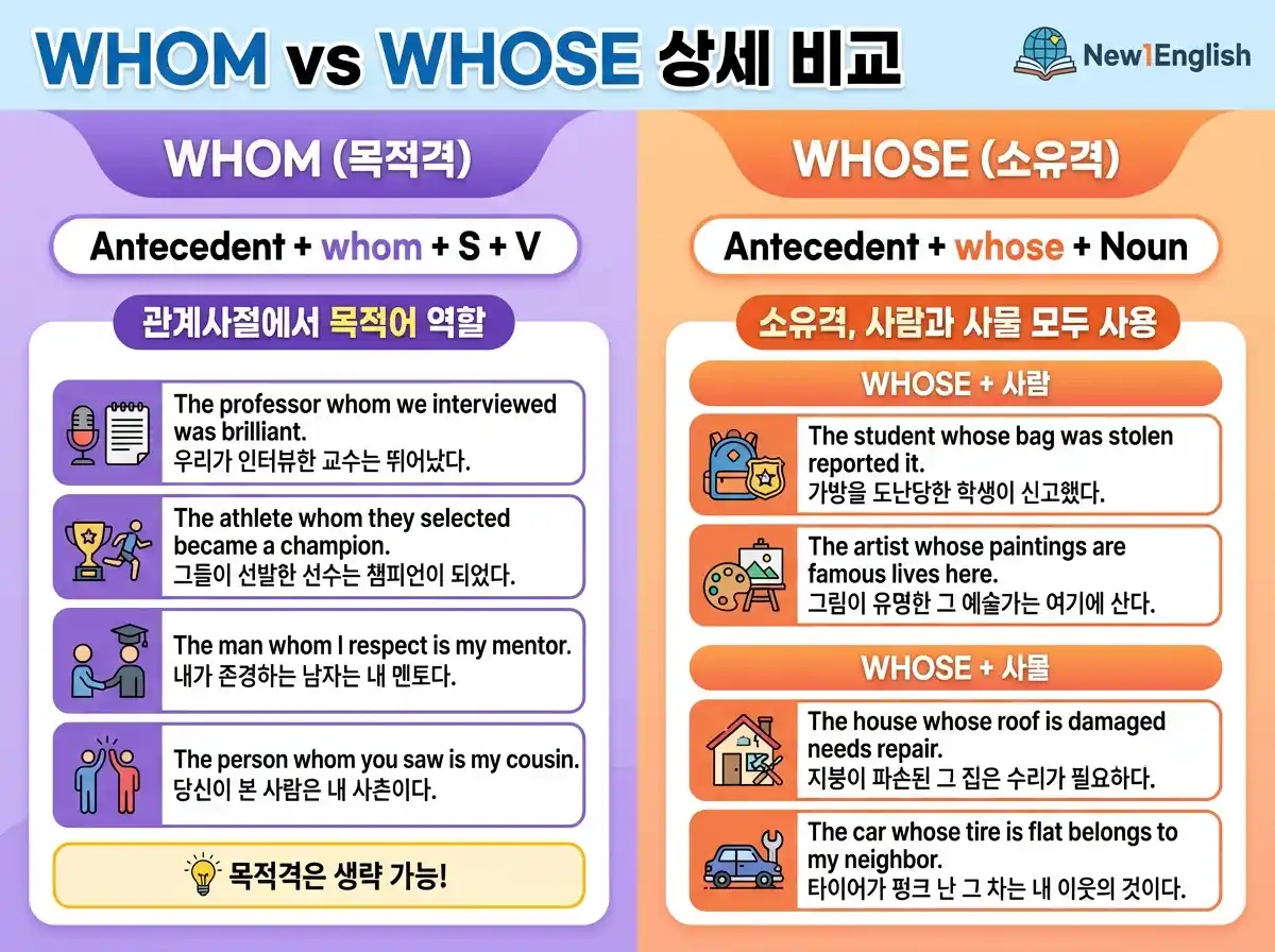 WHOM vs WHOSE 상세 비교 — 목적격 whom(동사/전치사의 목적어) vs 소유격 whose(선행사+'s 대체) 좌우 대비 레이아웃