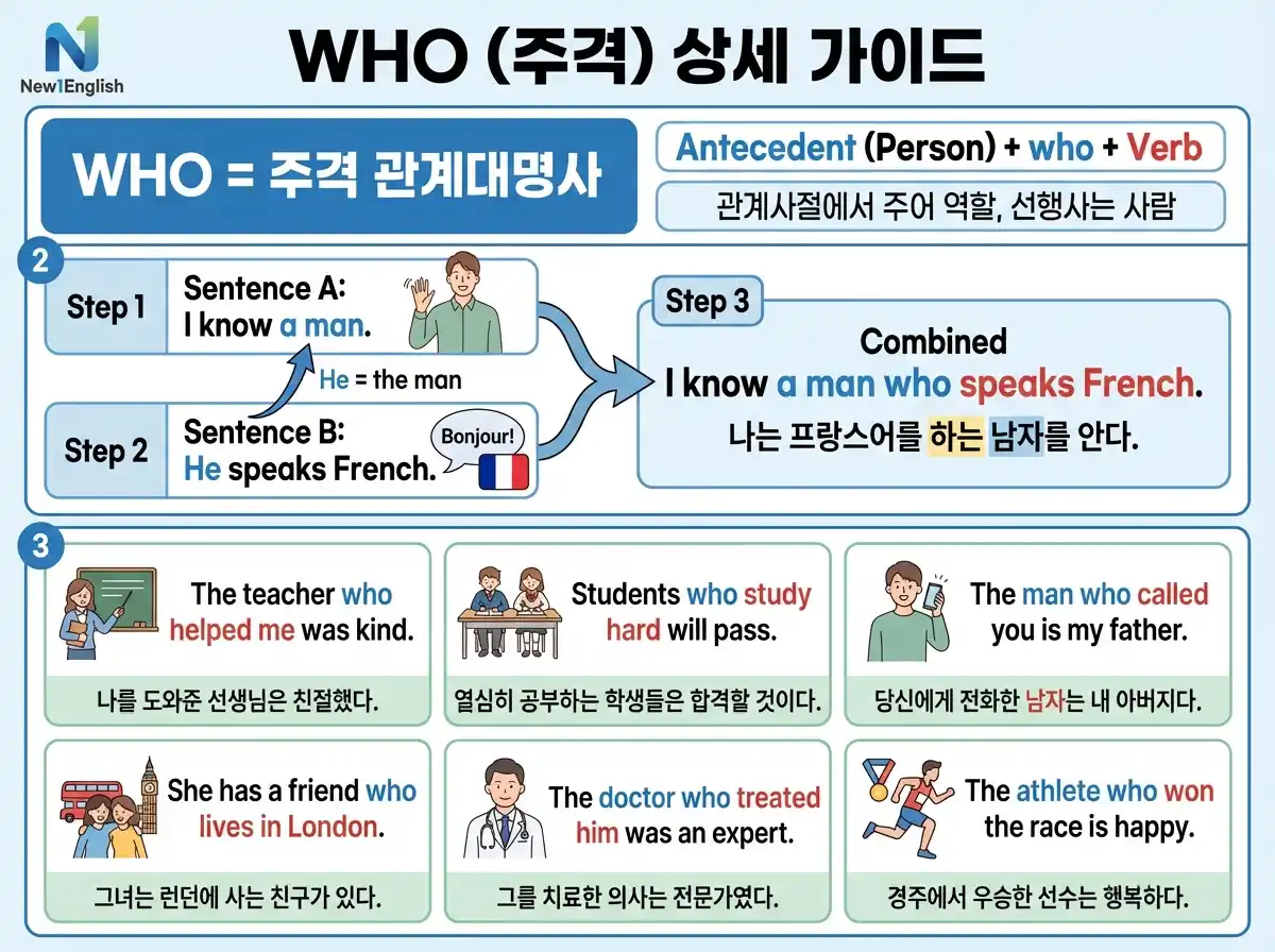WHO 주격 상세 가이드 — 문장 A+B → 결합 단계별 흐름 + 주격 관계사 6가지 예문