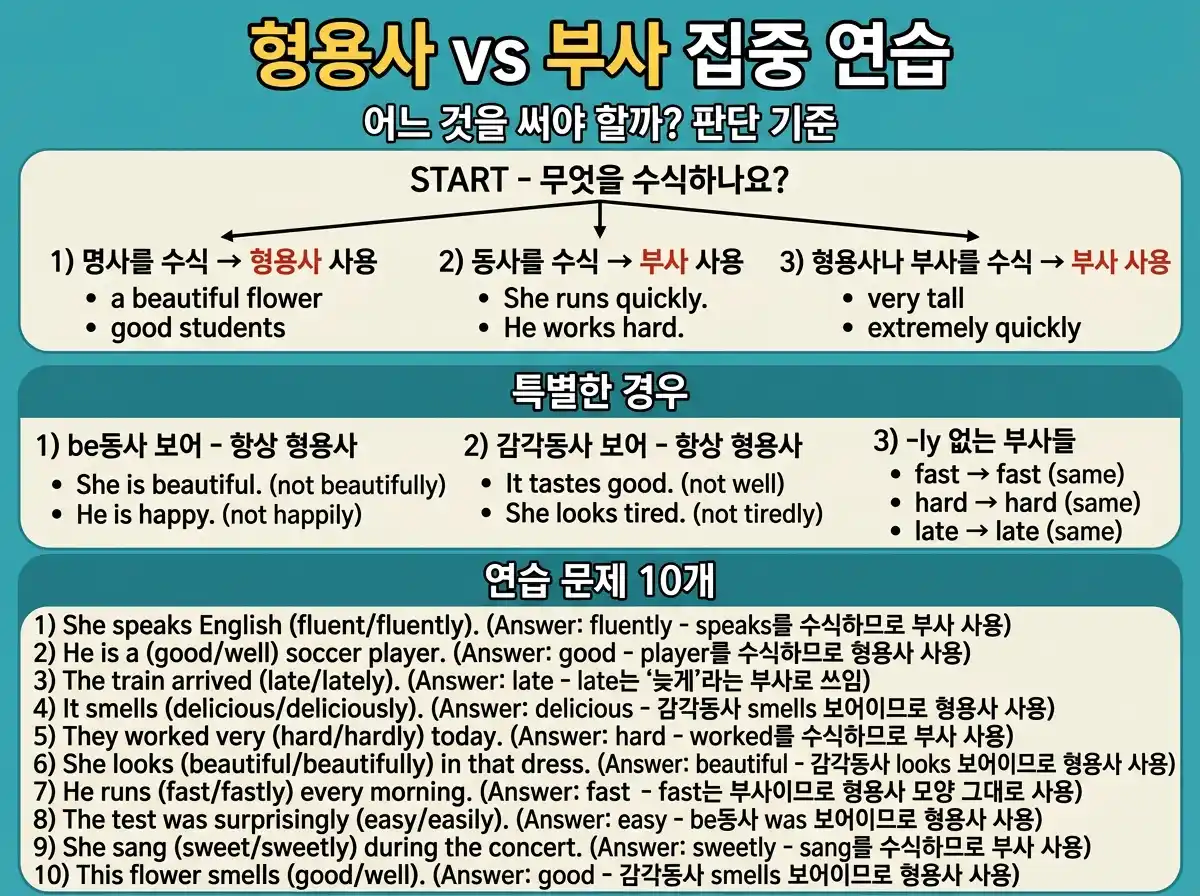 형용사 vs 부사 집중 연습 — 어느 것을 써야 할까? 판단 기준과 연습 문제 10개