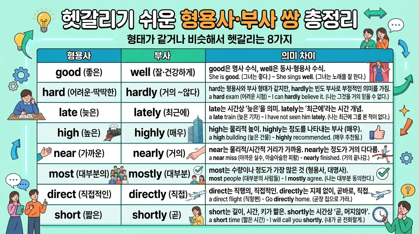헷갈리기 쉬운 형용사·부사 쌍 총정리 — good/well, hard/hardly, late/lately, high/highly 등 8가지