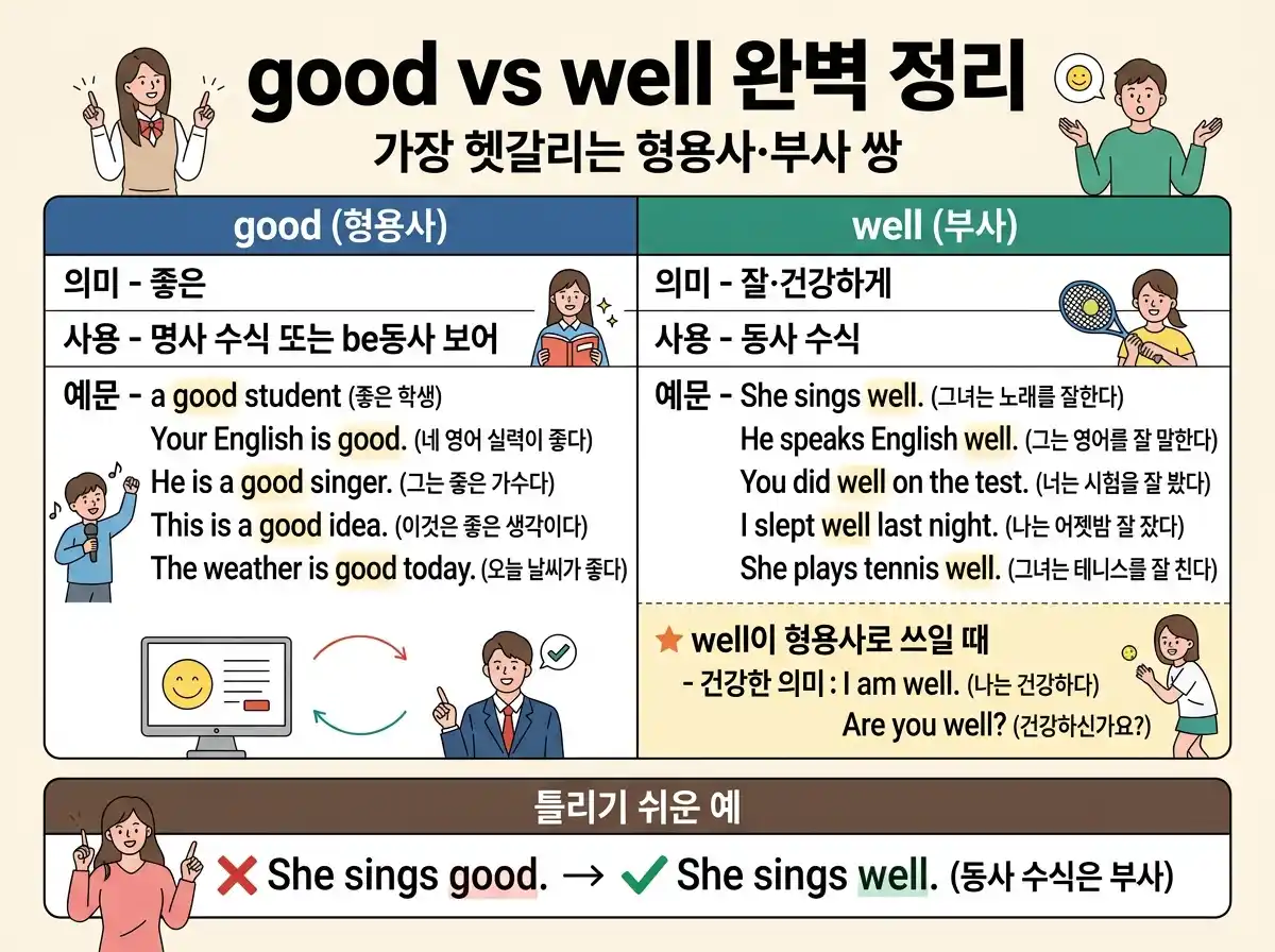 good vs well 완벽 정리 — 가장 헷갈리는 형용사·부사 쌍, 명사 수식은 good, 동사 수식은 well