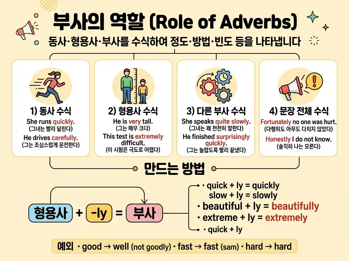 부사의 역할 (Role of Adverbs) — 동사·형용사·부사·문장 전체 수식, 형용사+-ly로 만드는 법