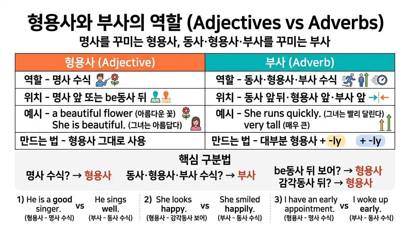 형용사와 부사의 역할 비교 — 역할·위치·만드는 법·핵심 구분법 한눈에 보기