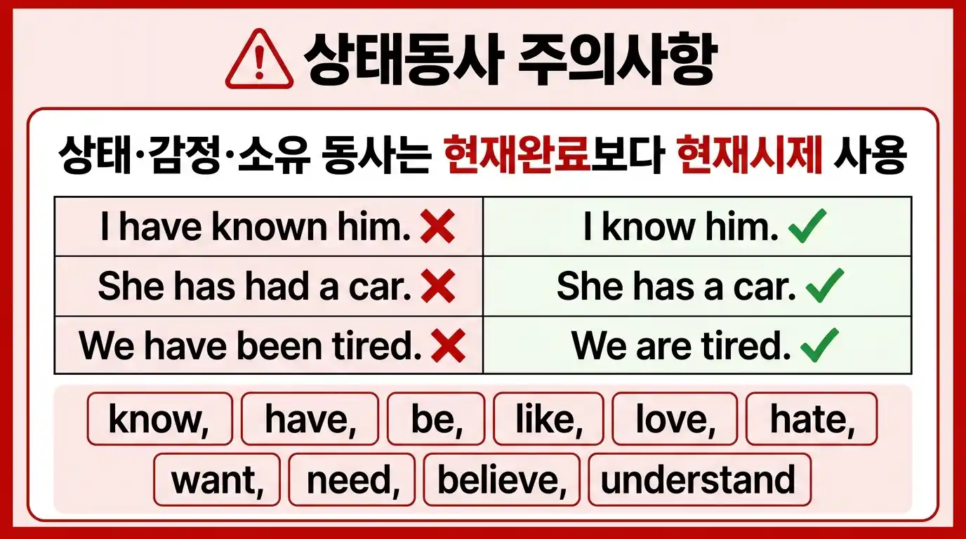 상태동사 주의사항 - 현재완료보다 현재시제 사용