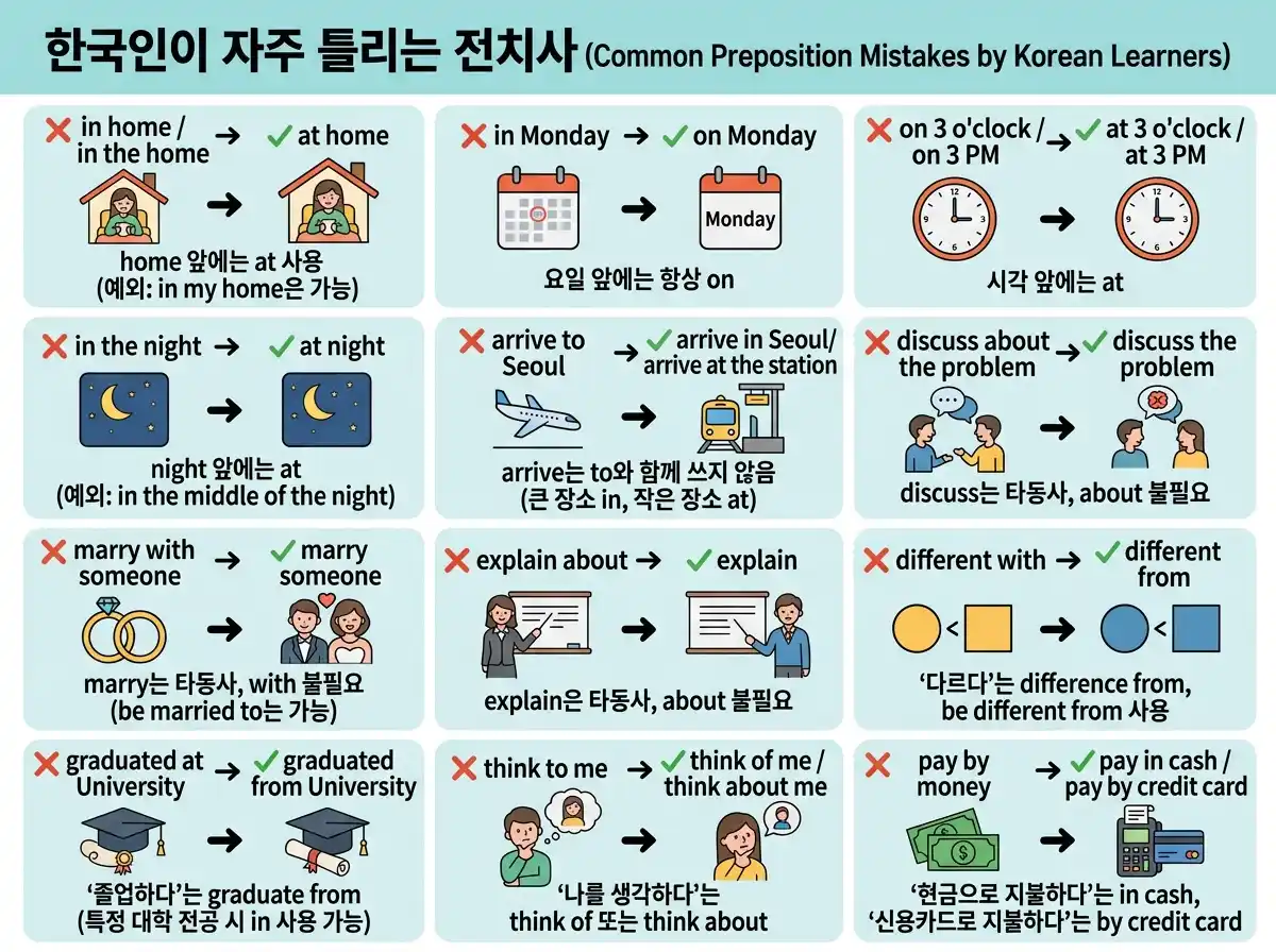 한국인이 자주 틀리는 전치사 실수 12가지 — 전치사 선택에서 흔히 저지르는 오류 모음