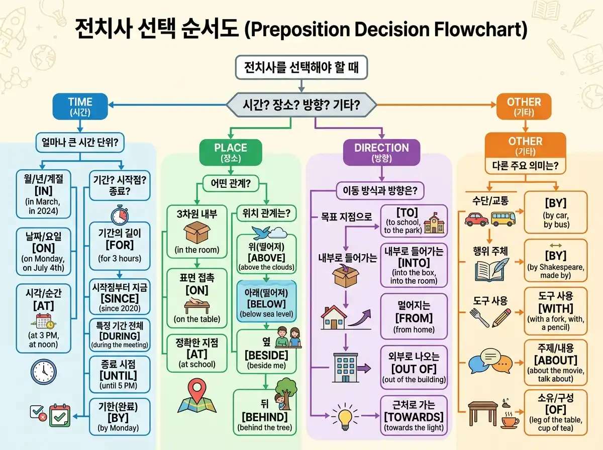 전치사 선택 순서도 — 시간/장소/방향/기타 어느 전치사를 쓸지 판단하는 플로우차트