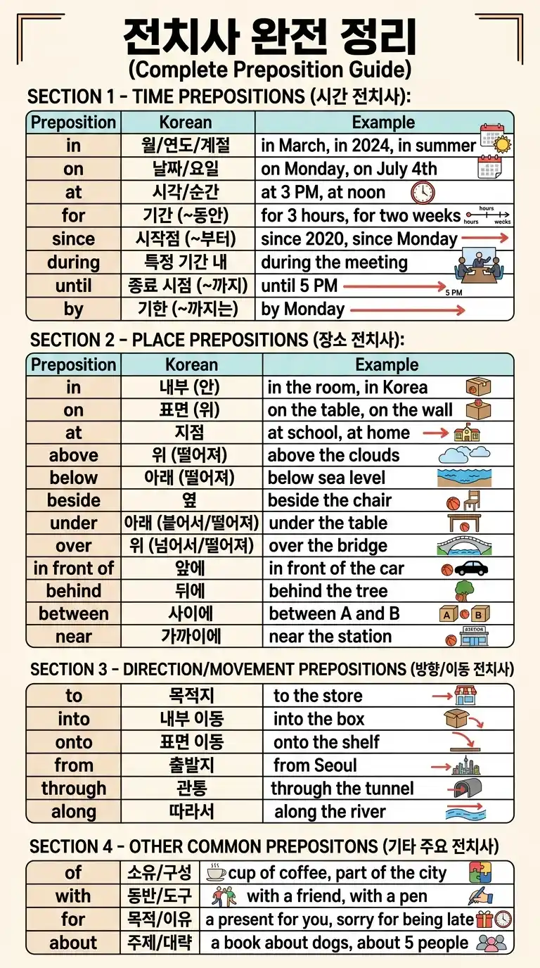 전치사 완전 정리 — 시간·장소·방향·기타·혼동 전치사 한 장으로 총정리