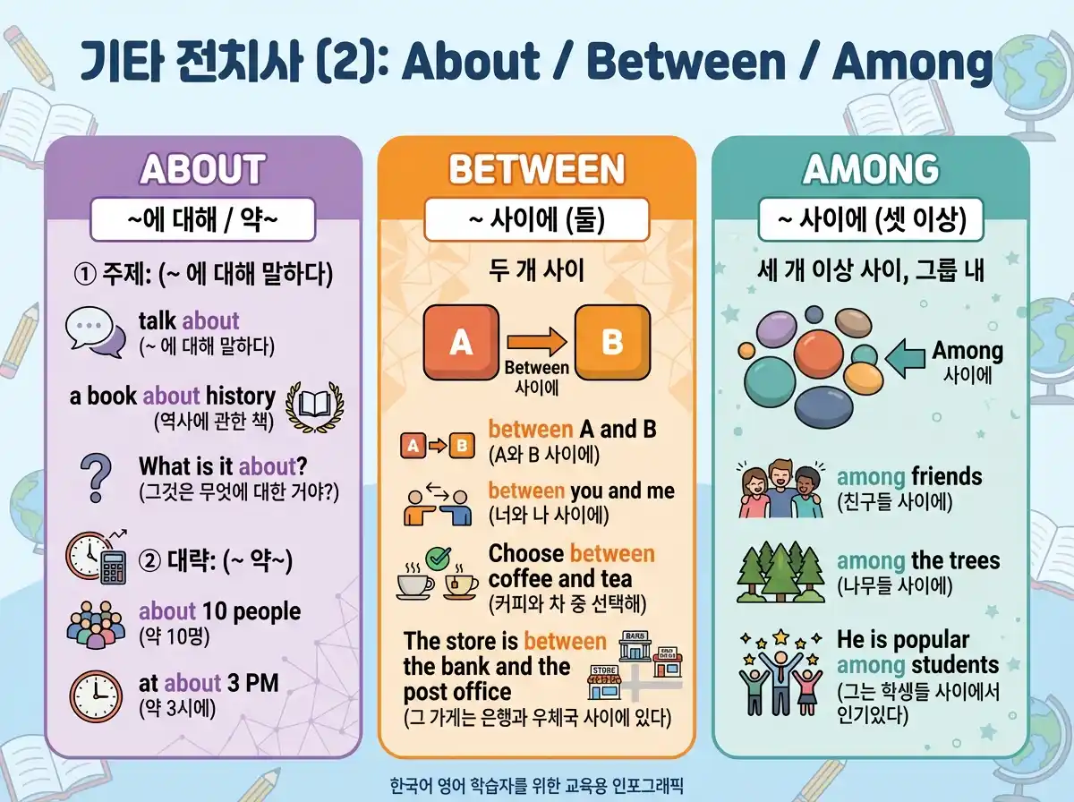 기타 전치사 (2): About / Between / Among — ~에 관해, 둘 사이, 셋 이상 사이