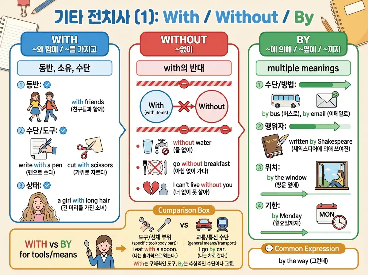 기타 전치사 (1): With / Without / By — 동반·부재·수단·기한·행위자 표현