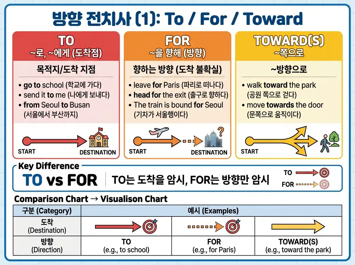 방향 전치사 (1): To / For / Toward — 목적지 도착 to, 출발 for, 방향만 toward