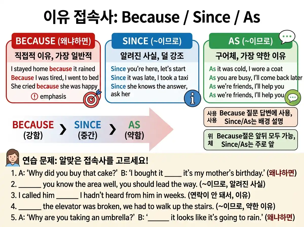 이유 접속사: Because / Since / As — 강도 비교: because(강함) > since(중간) > as(약함)