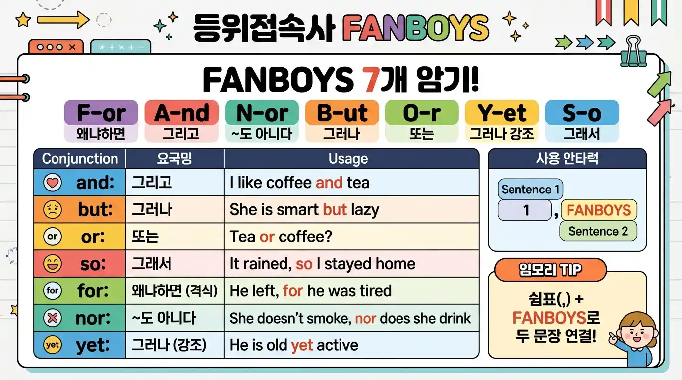 등위접속사 FANBOYS 7개 암기 — For/And/Nor/But/Or/Yet/So 의미·용법·쉼표 사용법