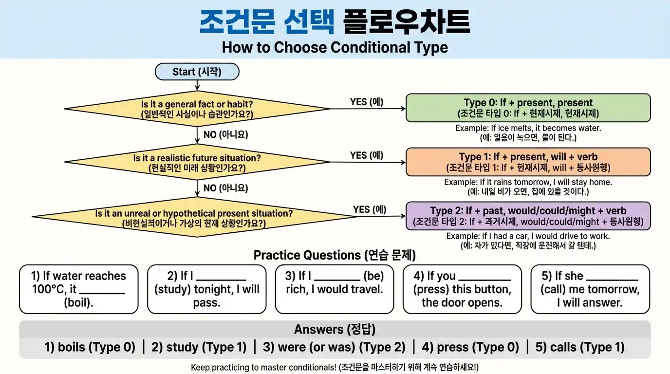 Type 2 Second Conditional — 가상·비현실 상황 예문 6개 + were 규칙