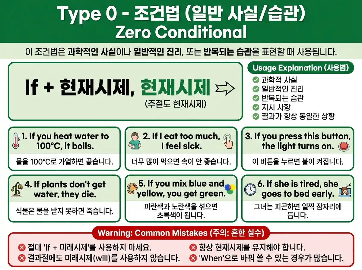 조건문 완전 정리 1/2 — Type 0·1·2 구조·시제·예문 상세 정리