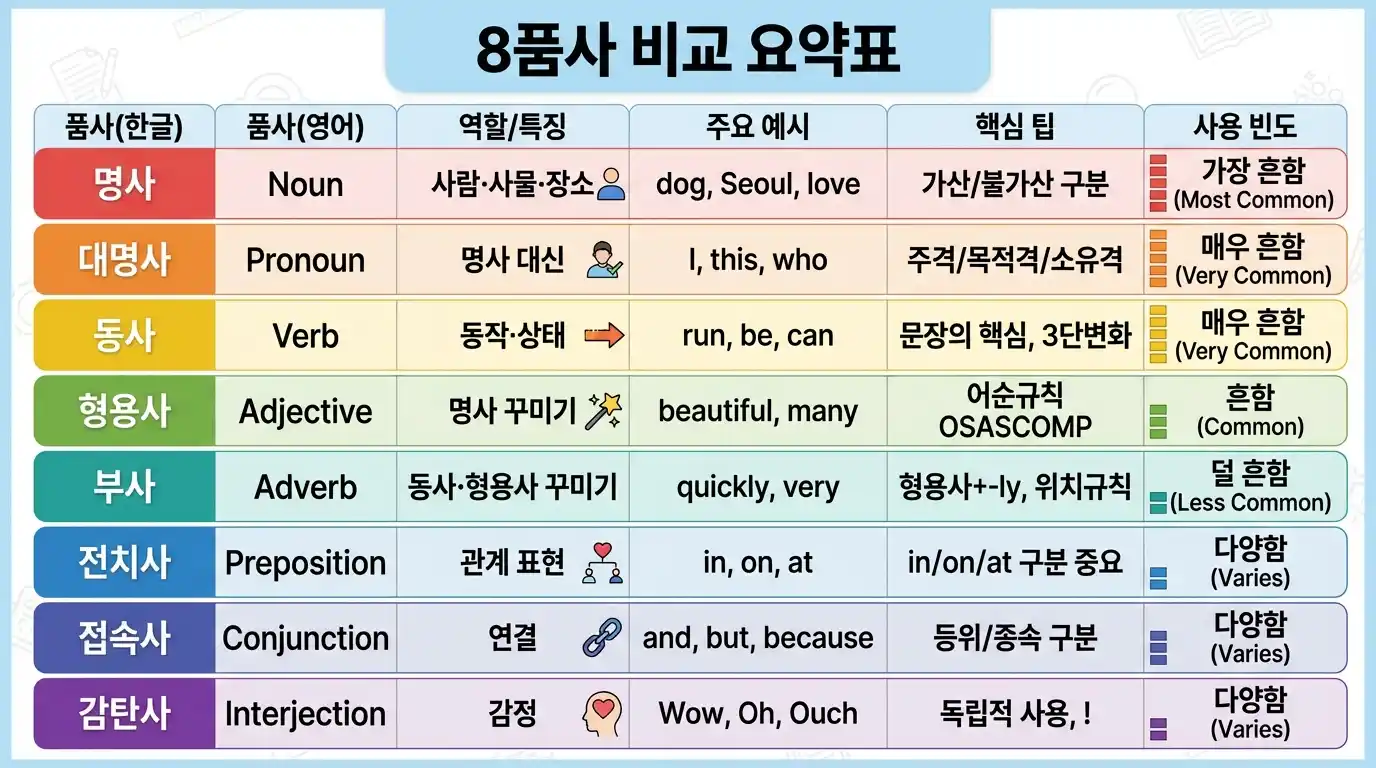 8품사 비교 요약표