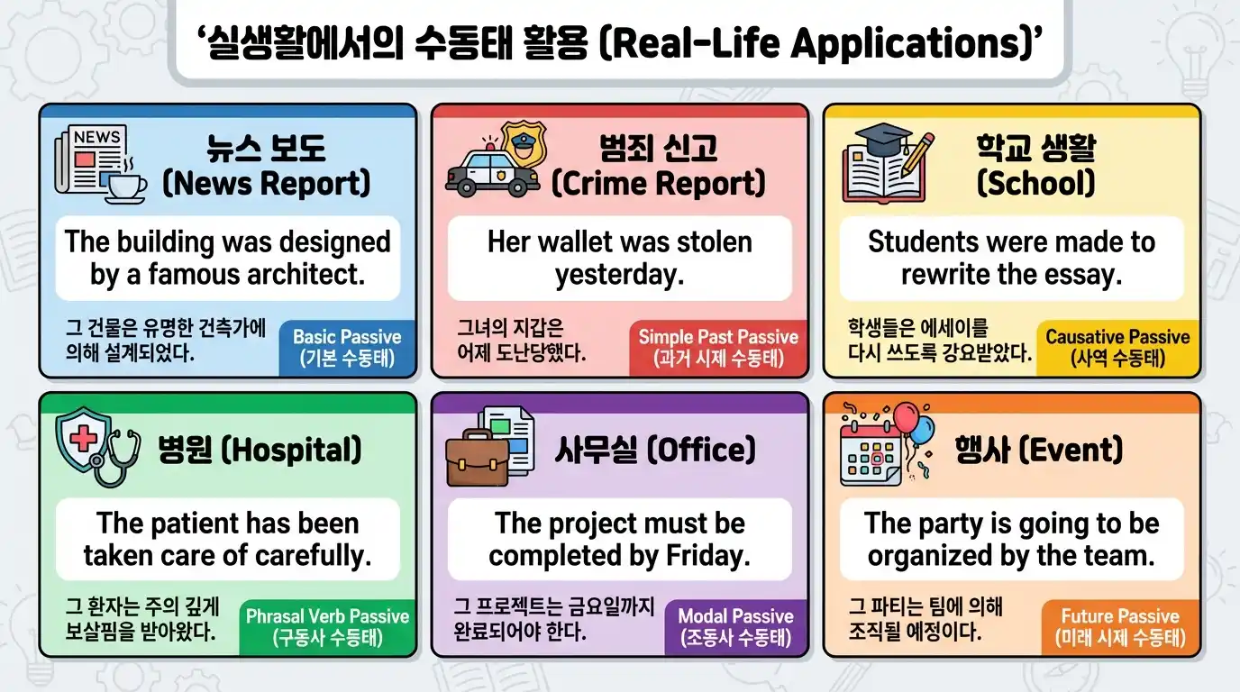 지각동사 수동태 — see/hear/notice + 원형→to부정사 변환, -ing 진행형 유지 패턴