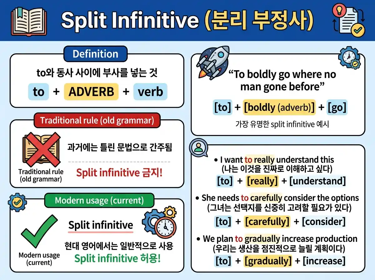 Split Infinitive (분리 부정사) — to와 동사 사이에 부사 삽입: 전통 규칙 vs 현대 영어 허용