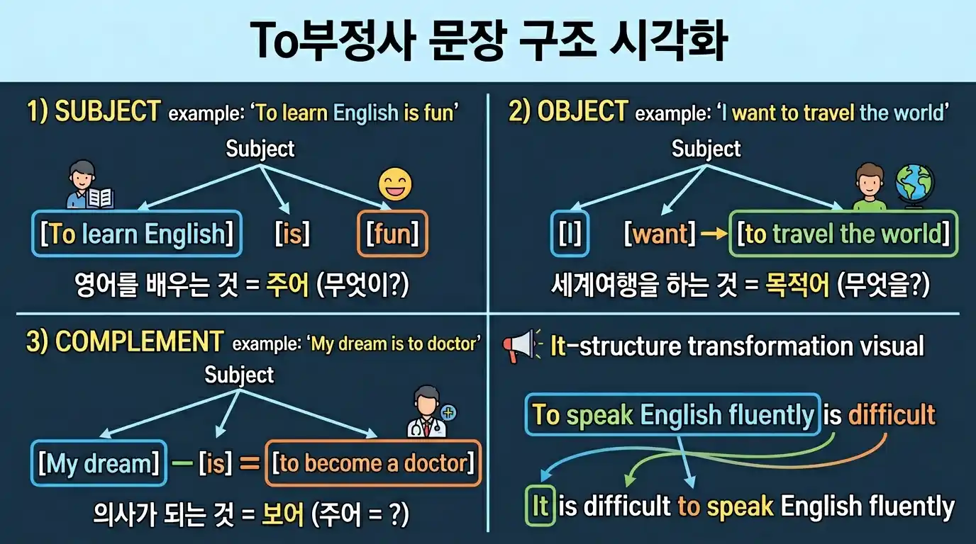 To부정사 문장 구조 시각화 — 주어/목적어/보어 역할과 It-structure 변환 시각화