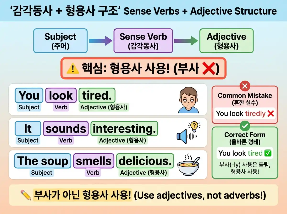 감각동사 + 형용사 구조