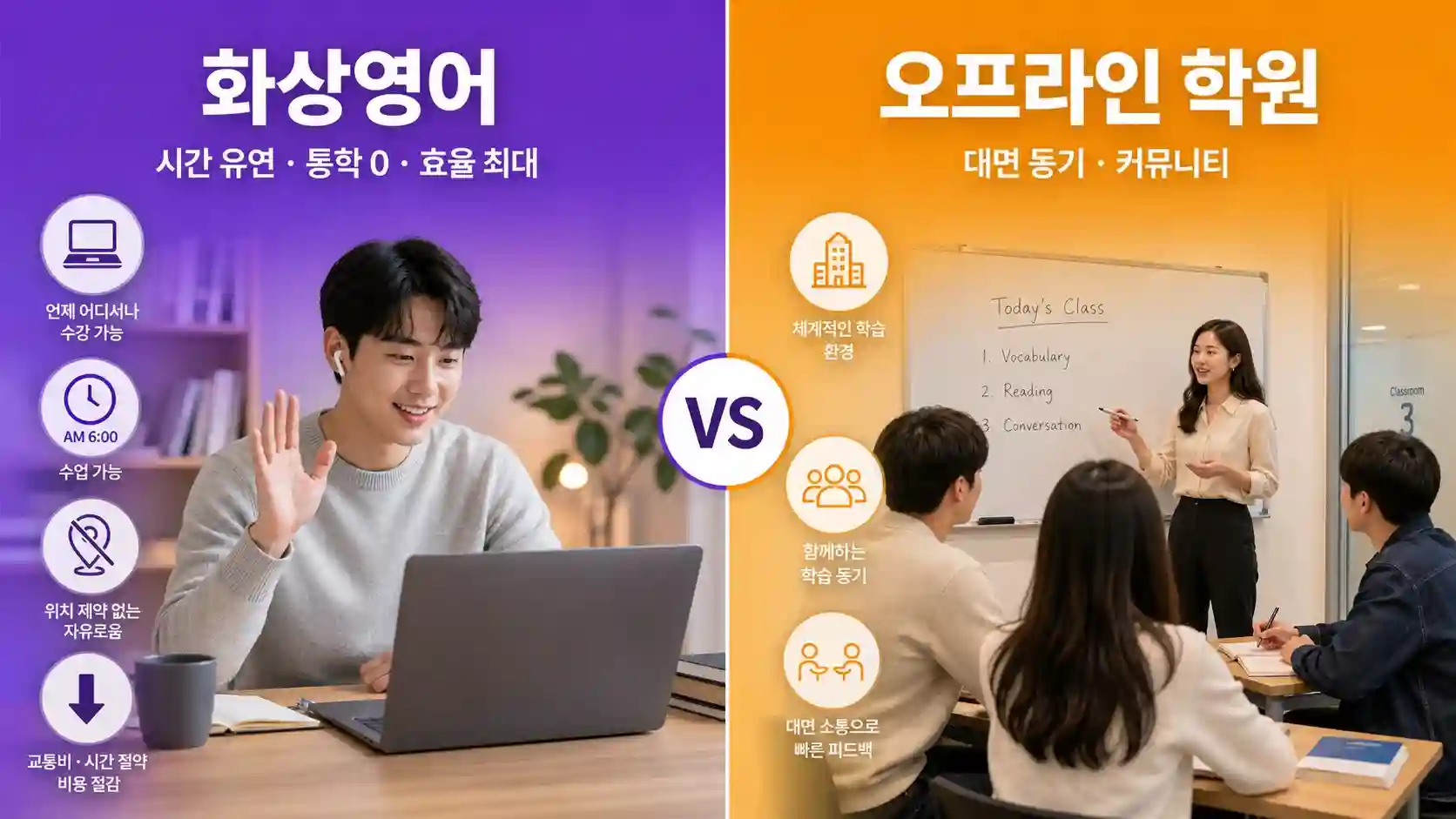 화상영어와 오프라인 영어학원 장단점 비교표