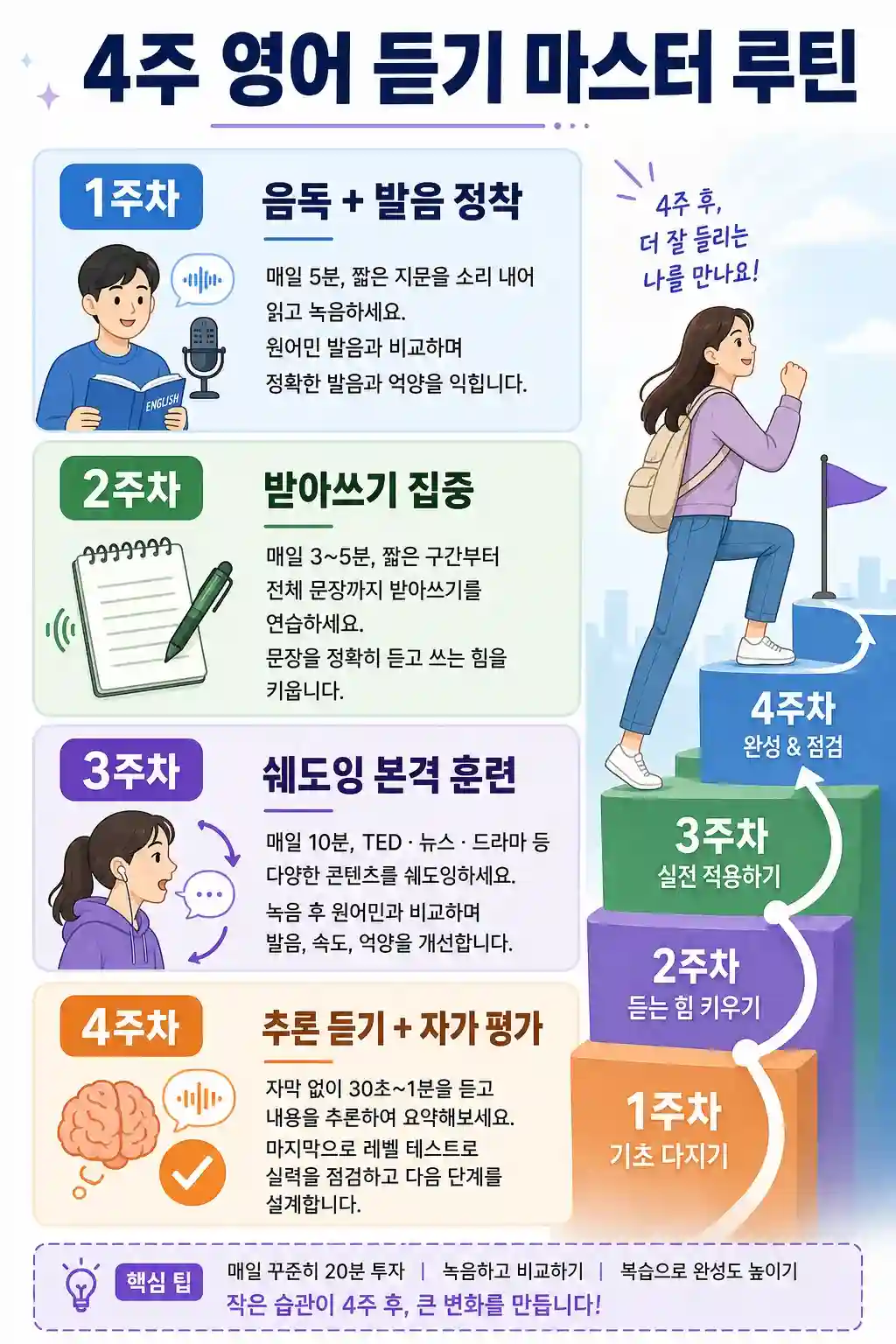 영어 듣기 4주 마스터 루틴 인포그래픽