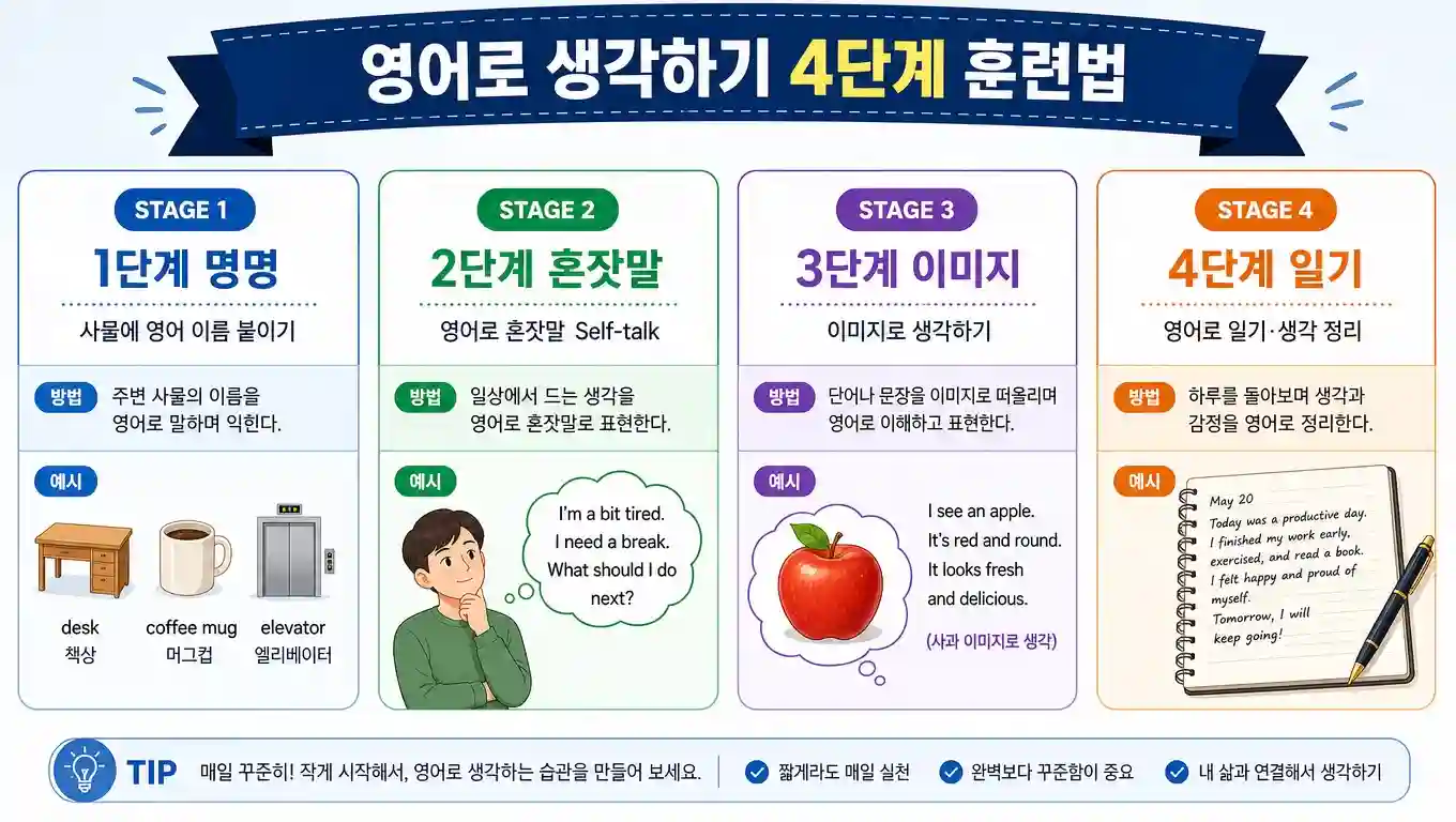 영어로 생각하기 4단계 훈련법 — 명명·혼잣말·이미지·일기