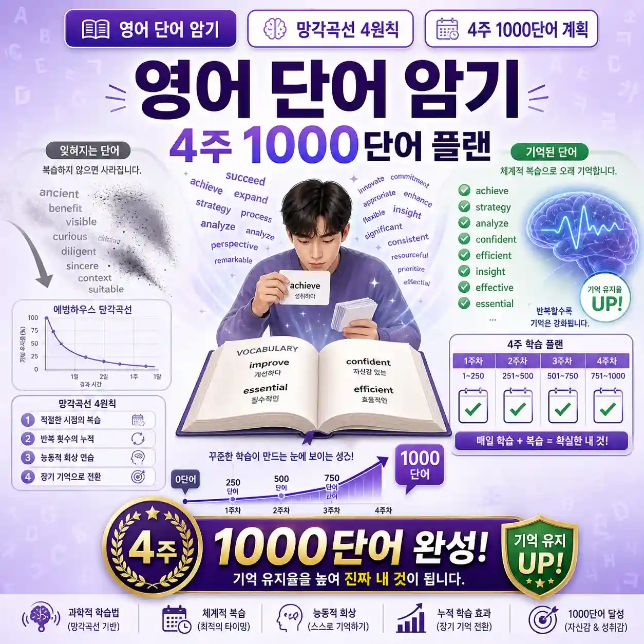 영어 단어 외우기 — 까먹지 않는 어휘 암기법 4가지 + 4주 1000단어 플랜
