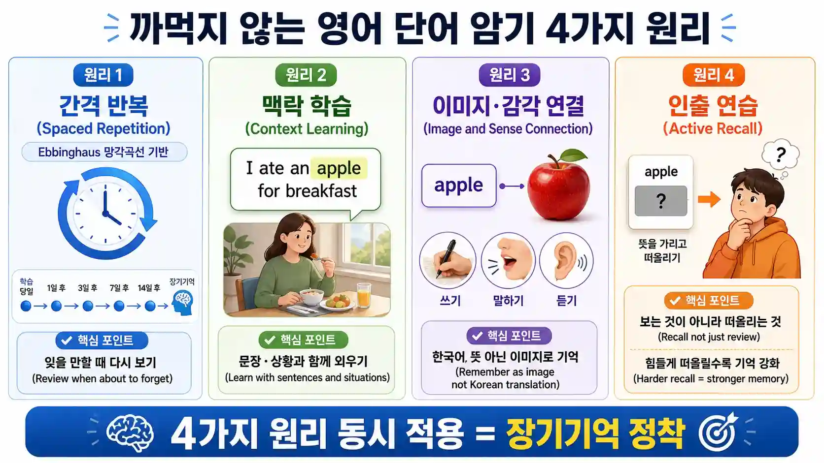 까먹지 않는 영어 단어 암기 4가지 원리 — 간격 반복·맥락·이미지·인출