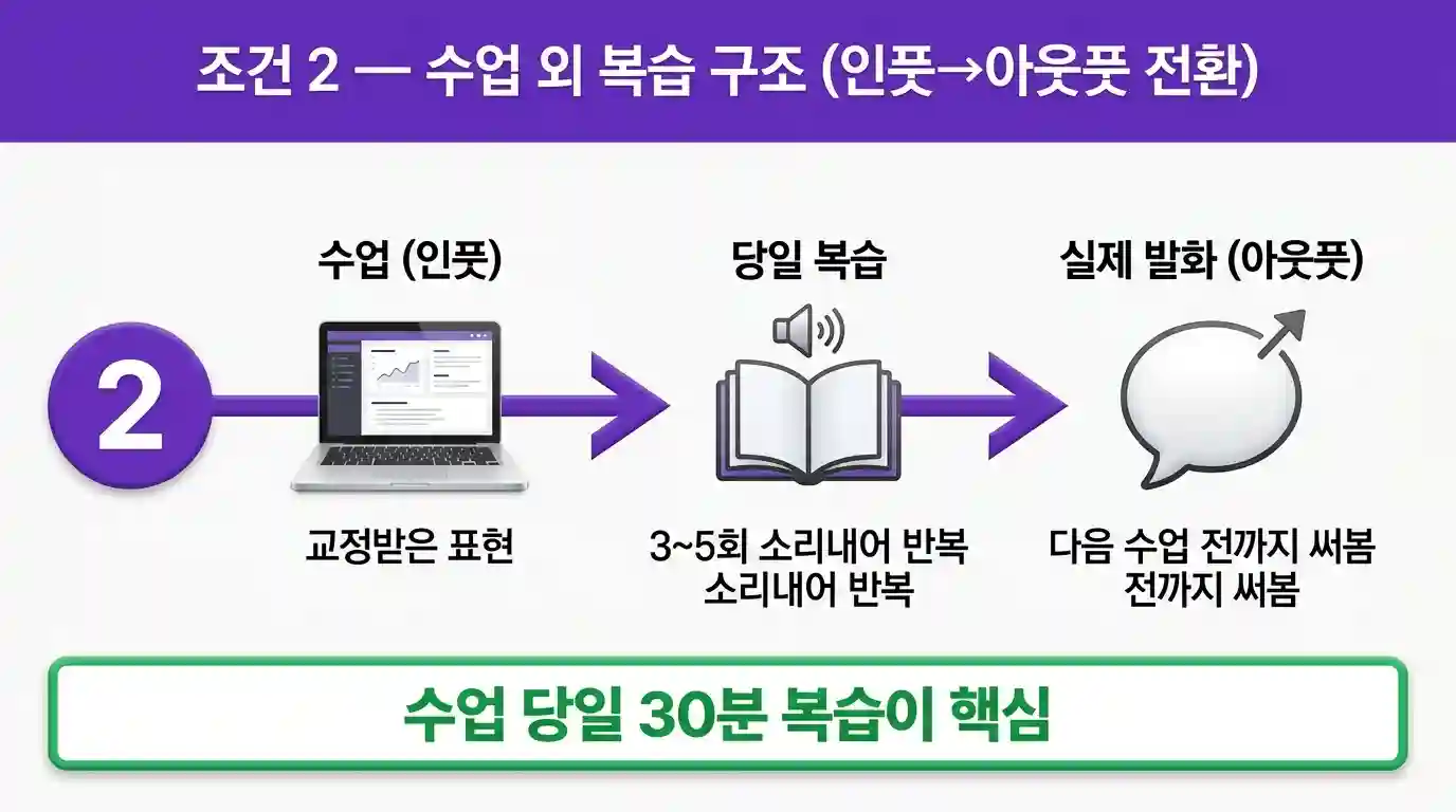 화상영어 수업 후 인풋을 아웃풋으로 전환하는 복습 구조 도표