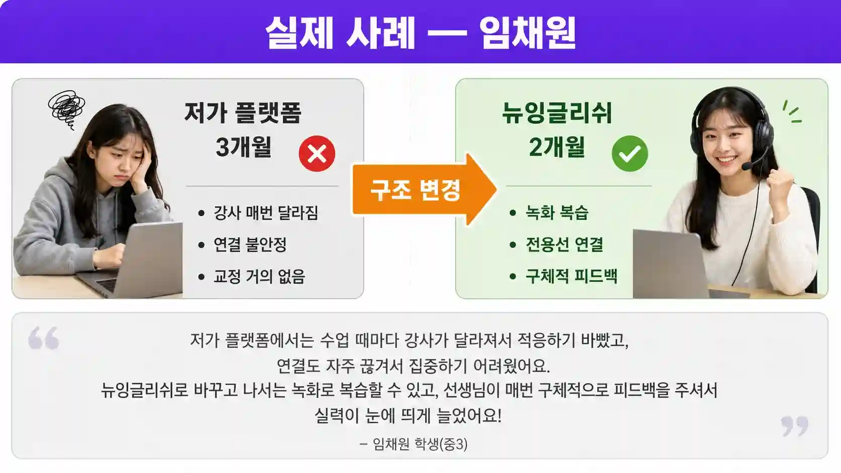 화상영어 가격만 보고 선택했다가 뉴잉글리쉬로 재등록한 수강생 사례