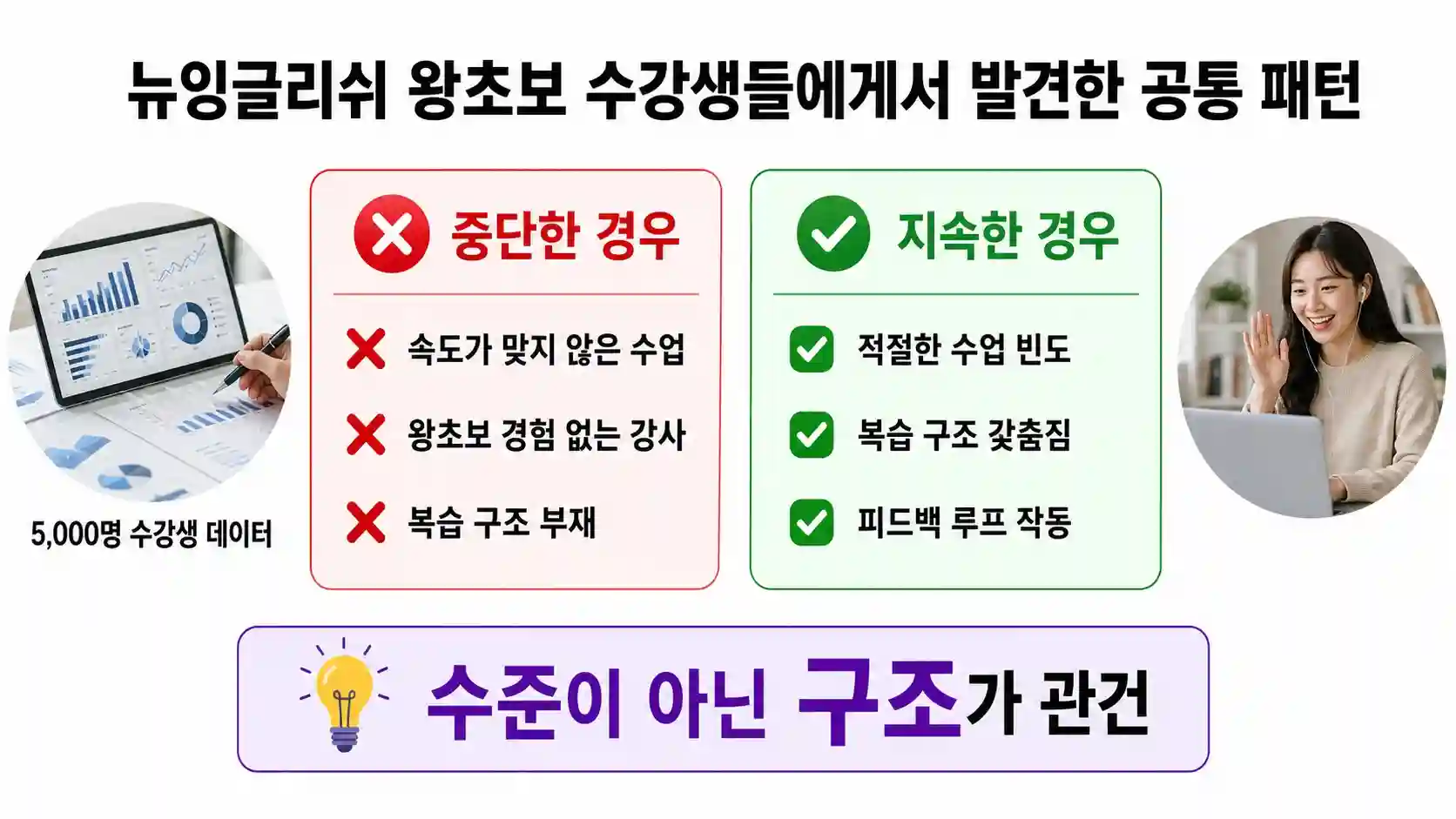 뉴잉글리쉬 왕초보 수강생 학습 시작 패턴 분석 차트
