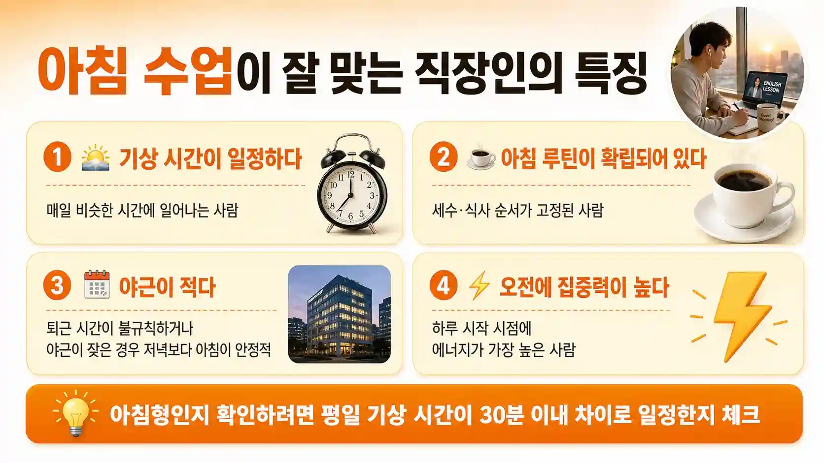 아침 화상영어 수업이 잘 맞는 직장인 유형 특징 인포그래픽