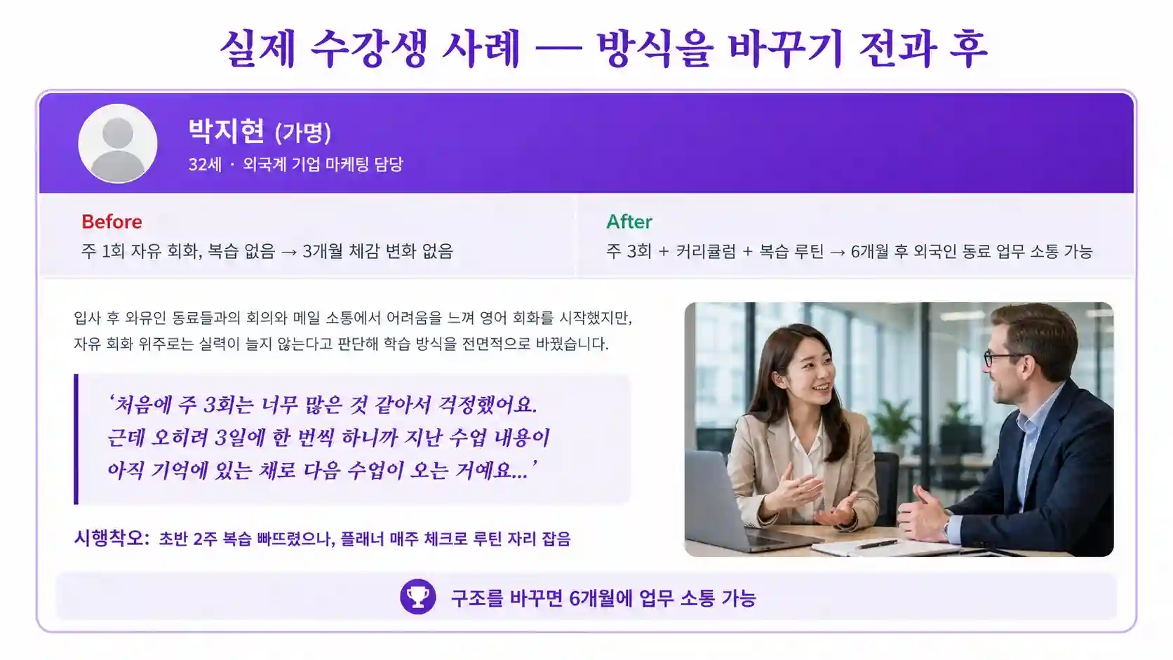 원어민영어회화 시작 방식을 바꾼 후 실력이 향상된 뉴잉글리쉬 수강생 사례