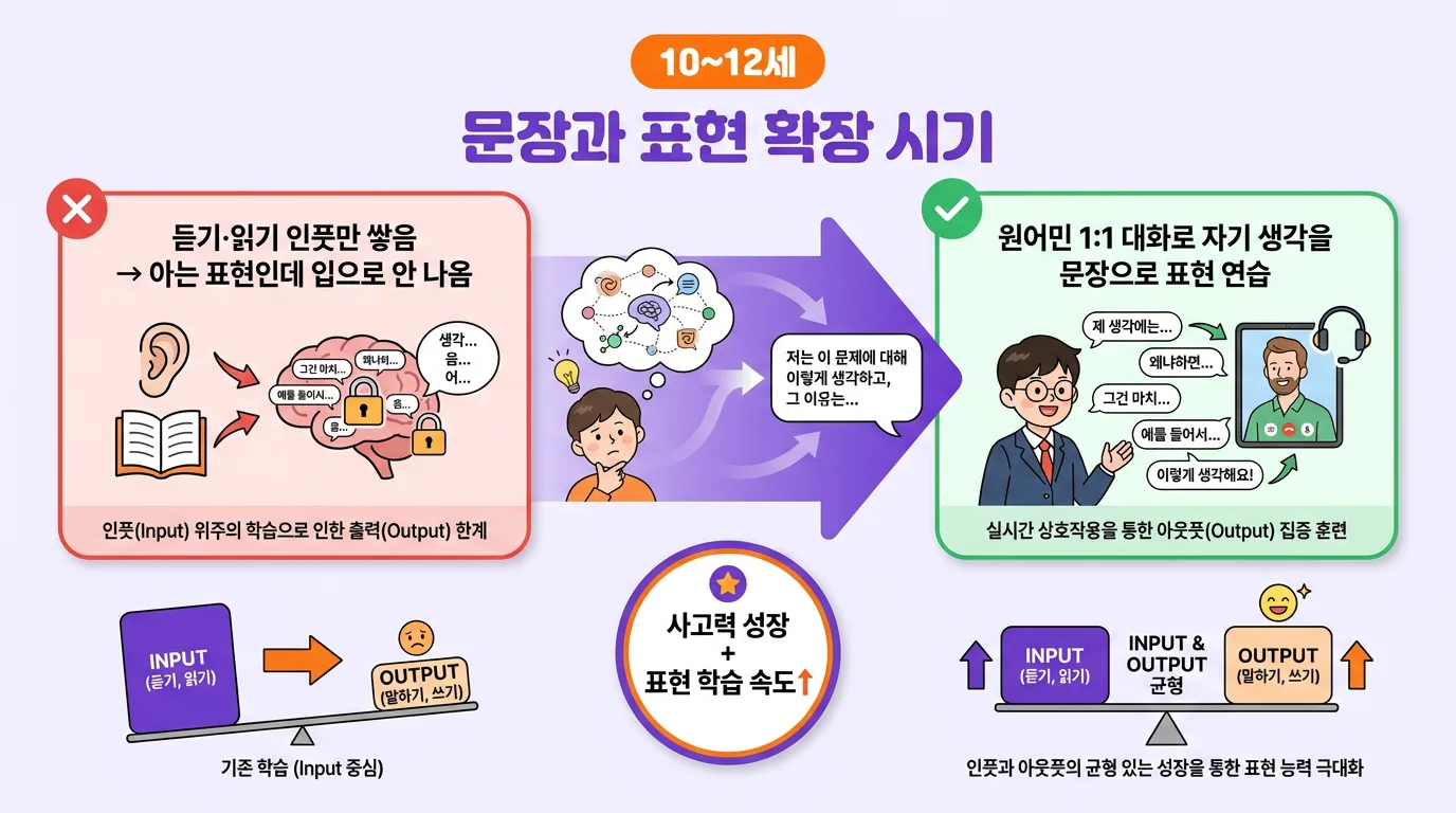 7세에서 9세 어린이가 영어 발음과 소리를 흡수하는 최적기를 보여주는 일러스트