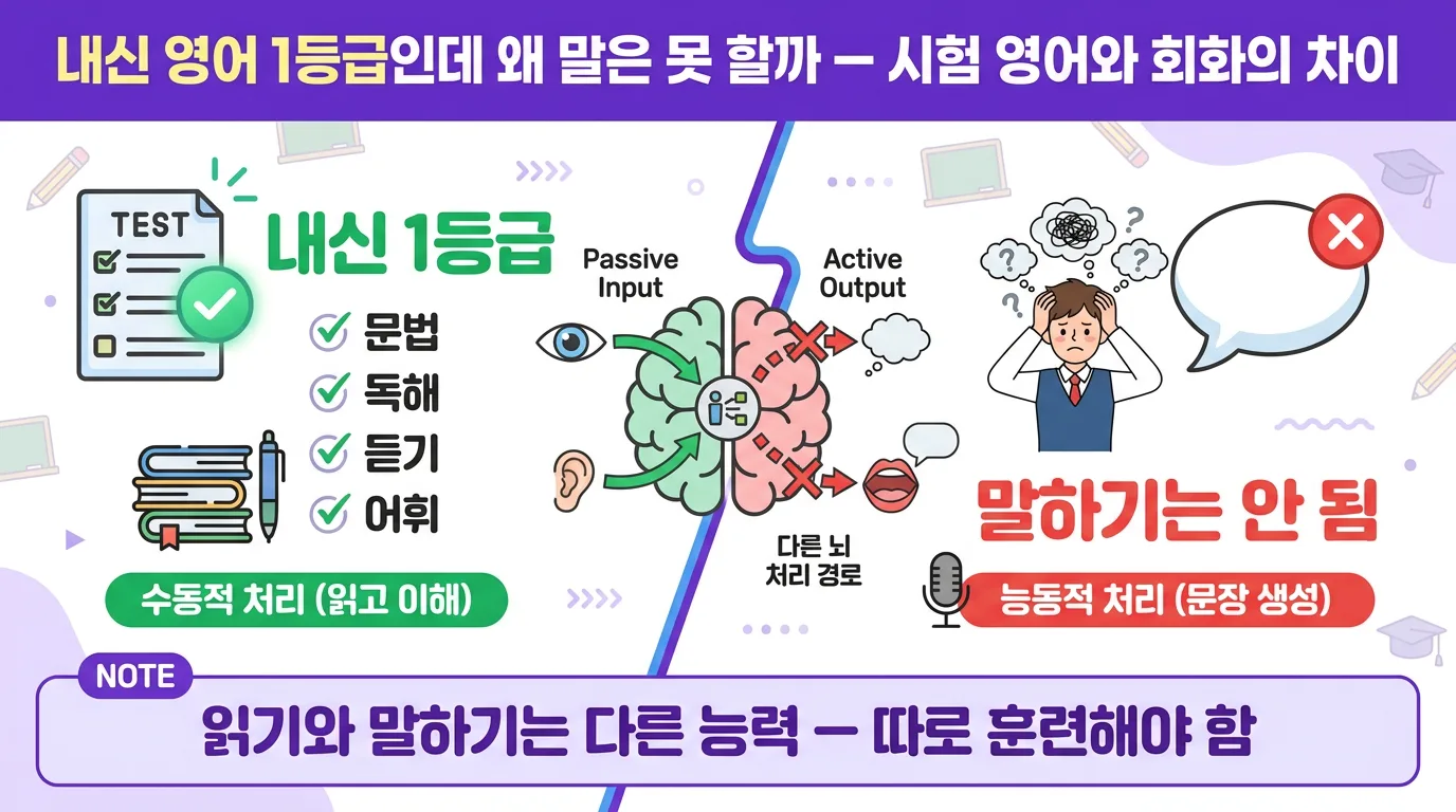 내신 영어 성적과 실제 말하기 능력의 차이를 보여주는 비교 인포그래픽
