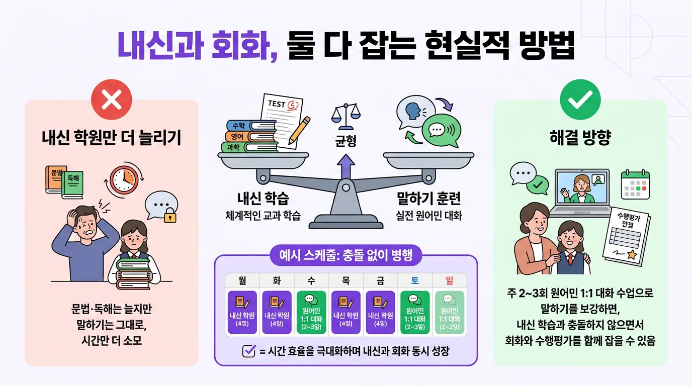 내신과 영어회화를 함께 잡는 학습 전략을 정리한 비교 인포그래픽