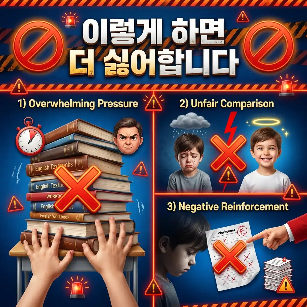 영어 흥미에 역효과가 나는 방법을 정리한 주의 카드