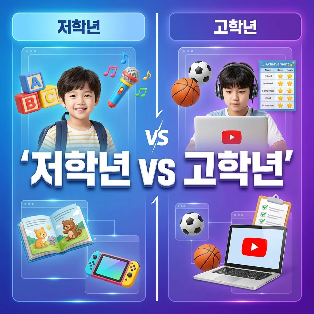 초등 저학년과 고학년의 영어 흥미 접근 차이를 비교한 도표