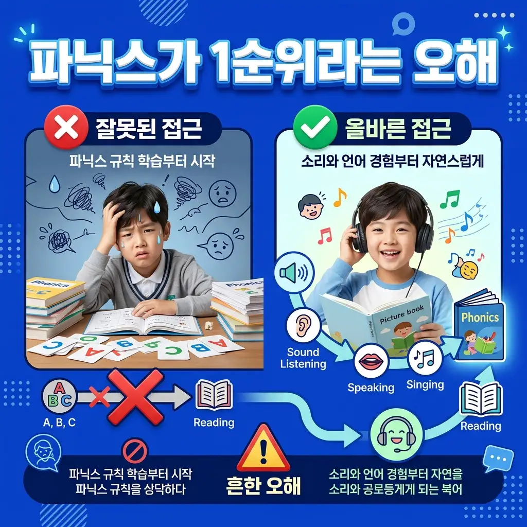 영어를 처음 시작할 때 파닉스가 1순위라는 흔한 오해를 보여주는 인포그래픽
