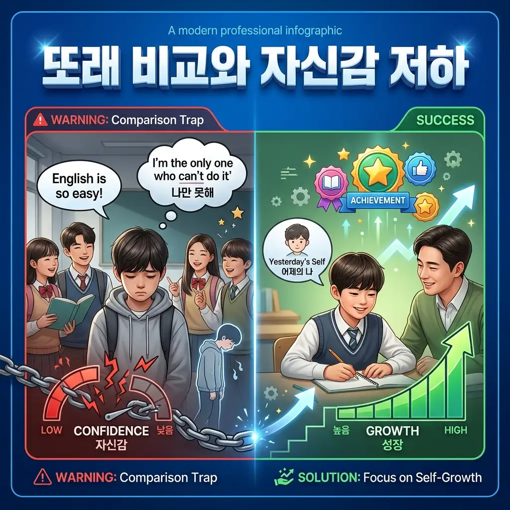 늦게 시작한 아이가 겪는 또래 비교와 자신감 저하 문제 도식