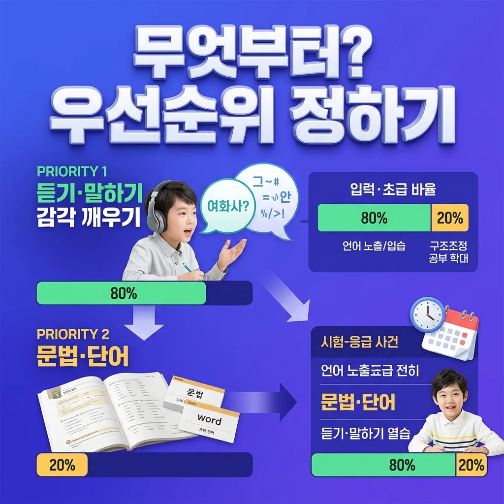 고학년 영어 우선순위로 듣기 말하기와 문법 단어 중 무엇을 먼저 할지 비교 도표