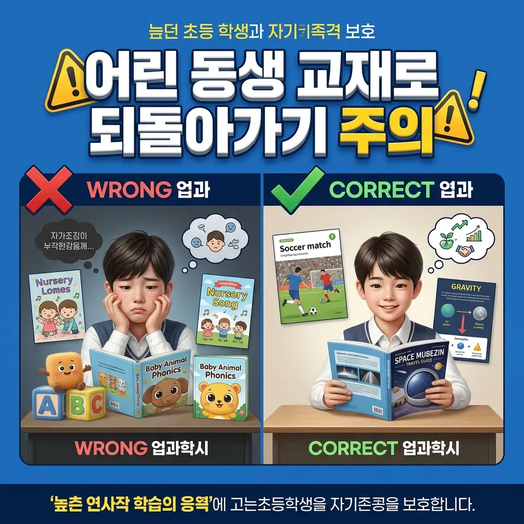 고학년 따라잡기의 흔한 실수로 어린 동생 교재로 되돌아가는 문제 주의 카드