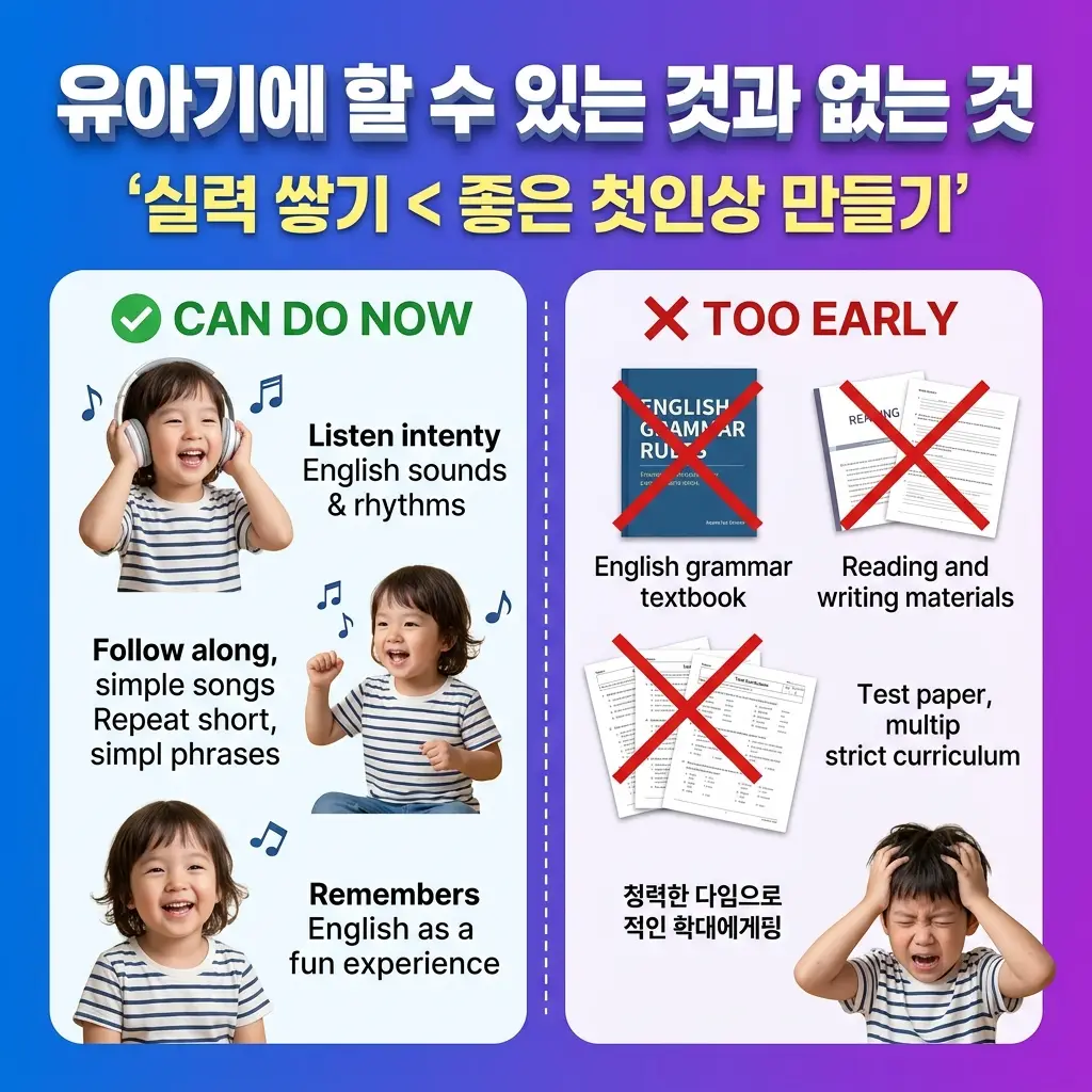 유아기에 영어로 할 수 있는 것과 아직 어려운 것을 구분한 비교 인포그래픽