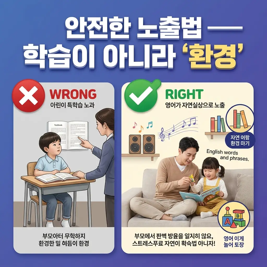 유아 영어의 안전한 노출법은 학습이 아니라 환경임을 보여주는 도식