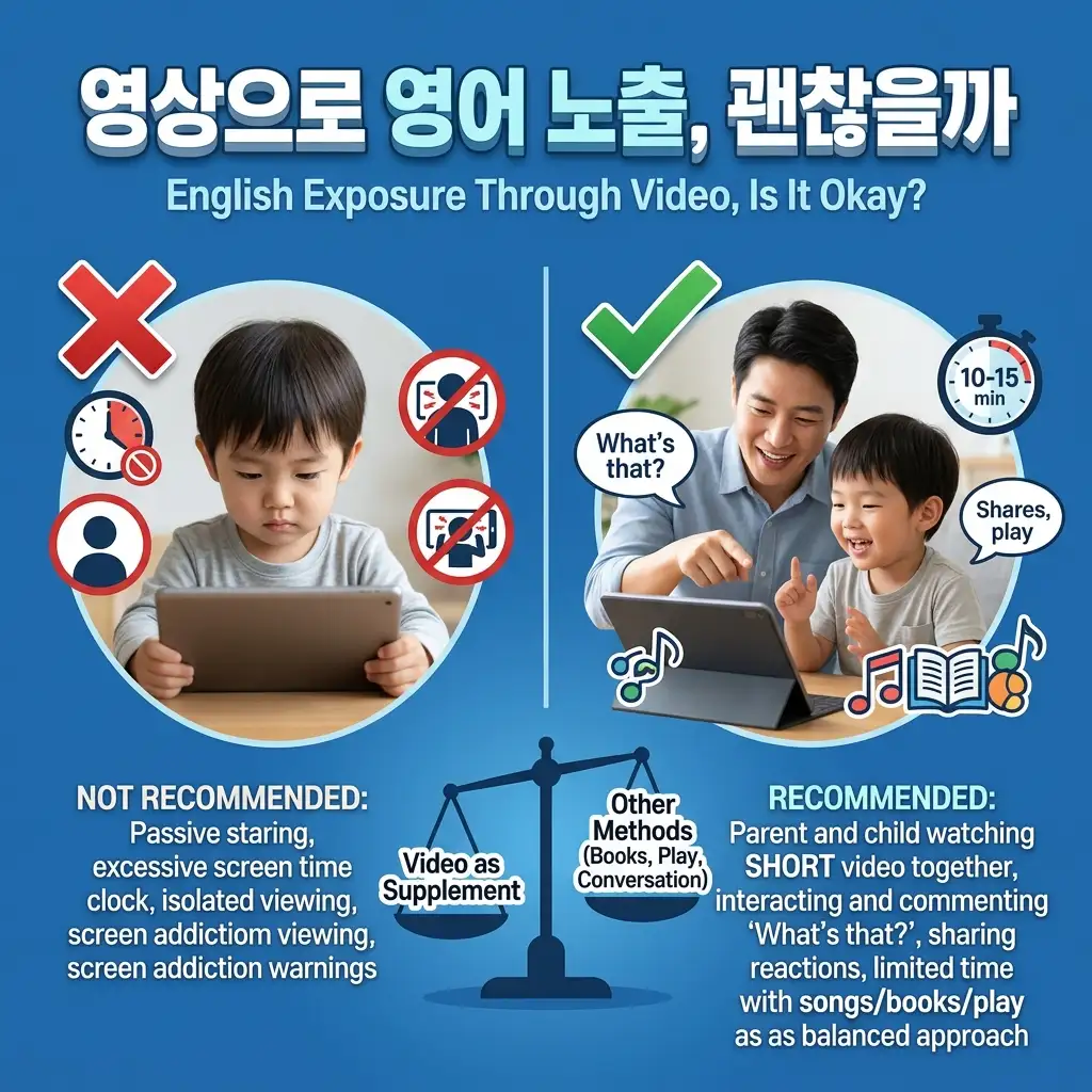 유아에게 영상으로 영어를 노출할 때의 장점과 주의점을 정리한 카드